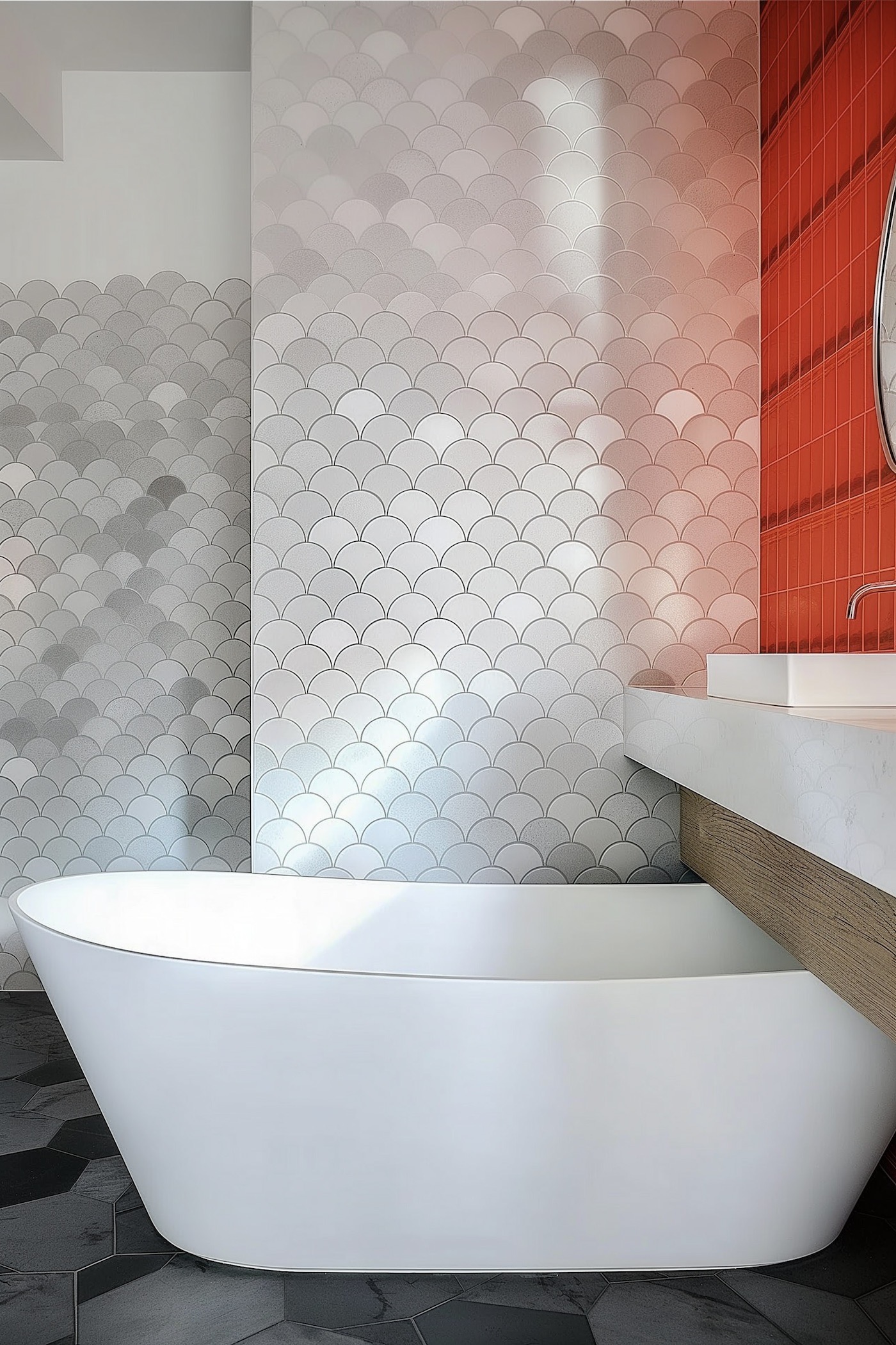 mélange crédence faience murale salle de bains rouge grise