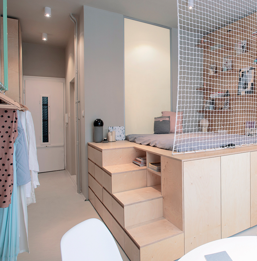 chambre mezzanine design moderne pastel filet habitation intérieur