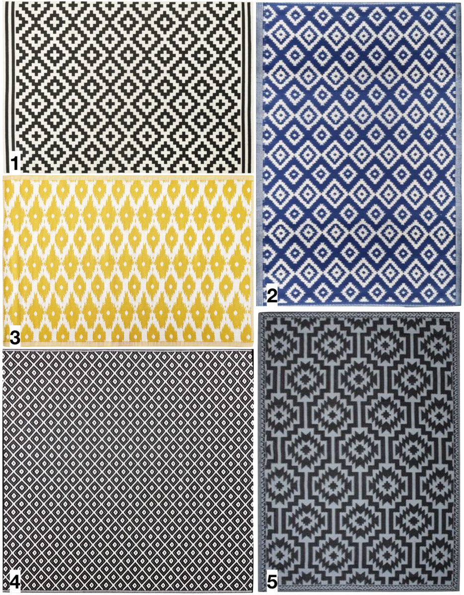shopping liste tapis d extérieur motif graphique noir et blanc bleu jaune déco décoration