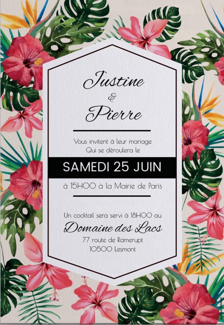 faire part mariage exotique plage fleurs tropicales roses