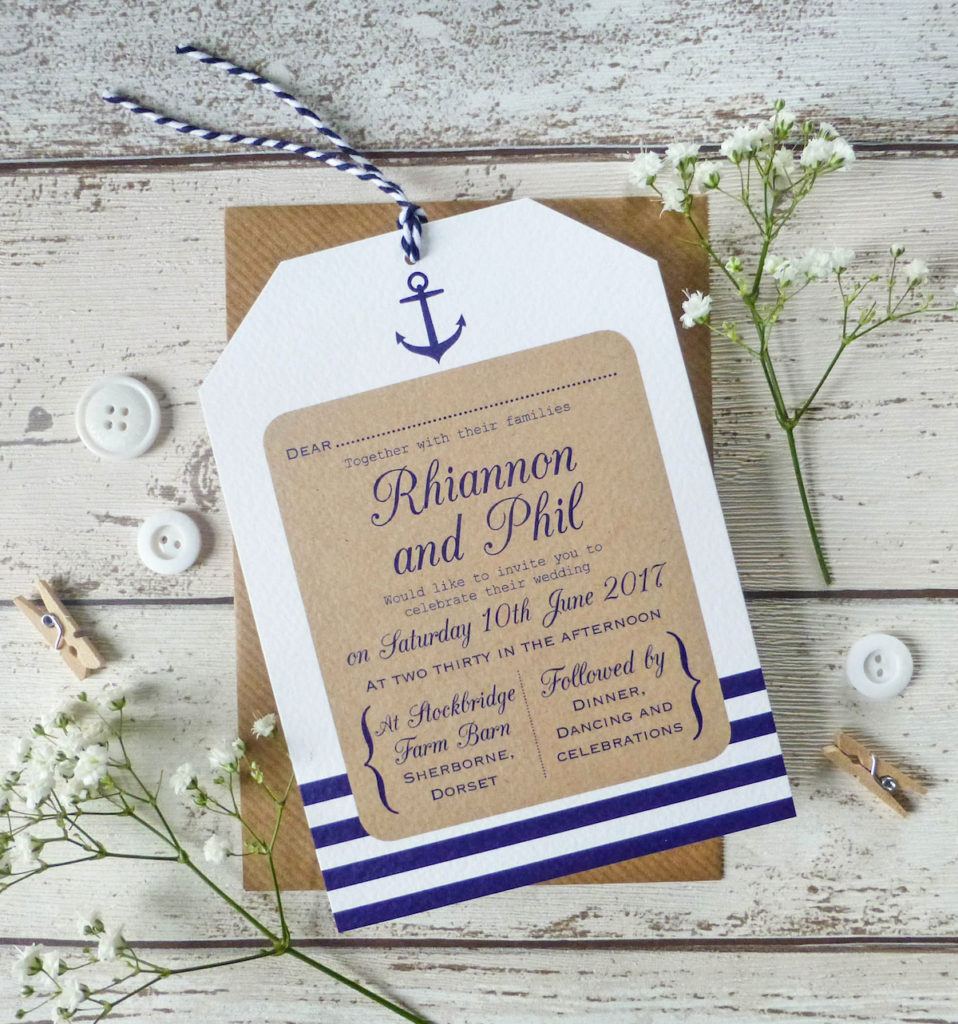 faire part marron carton blanc bleu style marin table bois déco clemaroundthecorner