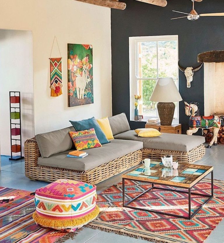 tapis rouge orange salon estivale style ethnique canapé outdoor rotin blog déco