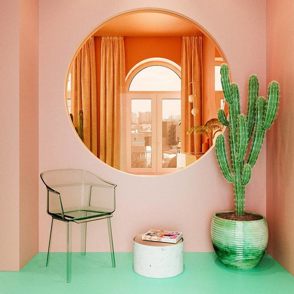 déco verte et rose sas entrée salon cactus design miroir rond décoration - blog déco - clem around the corner