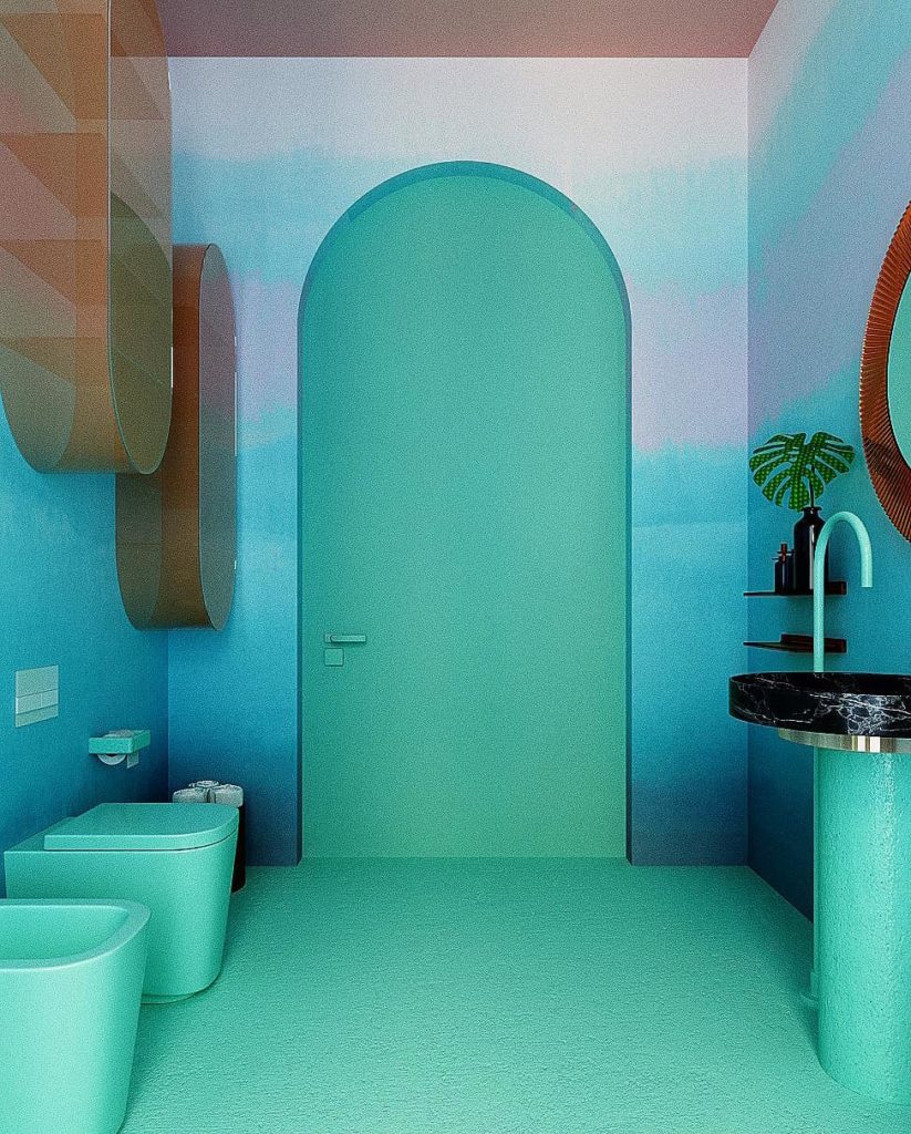 salle de bain originale bleu turquoise violet ambiance paradis tropical monstera