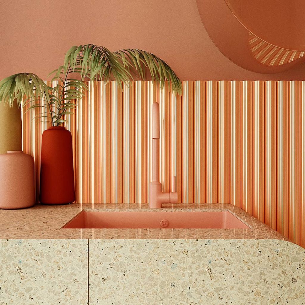 cuisine meuble original terrazzo lavabo rose vase terracotta radiateur laiton couleur décoration originale