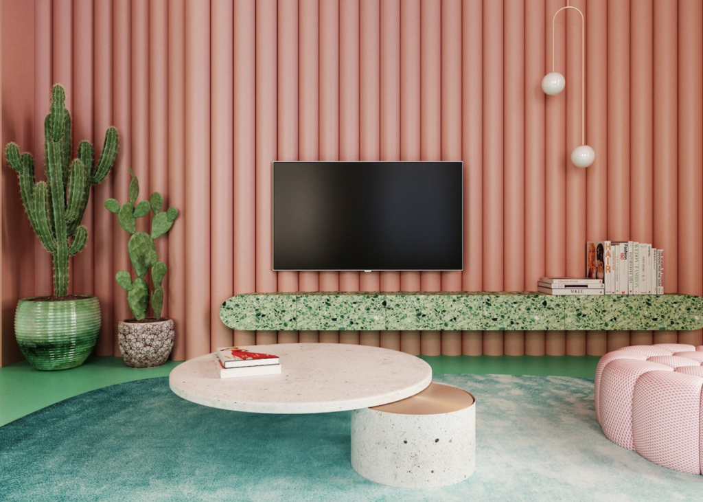 salon original coloré cactus table basse salon design tapis moumoute turquoise cactus plante verte