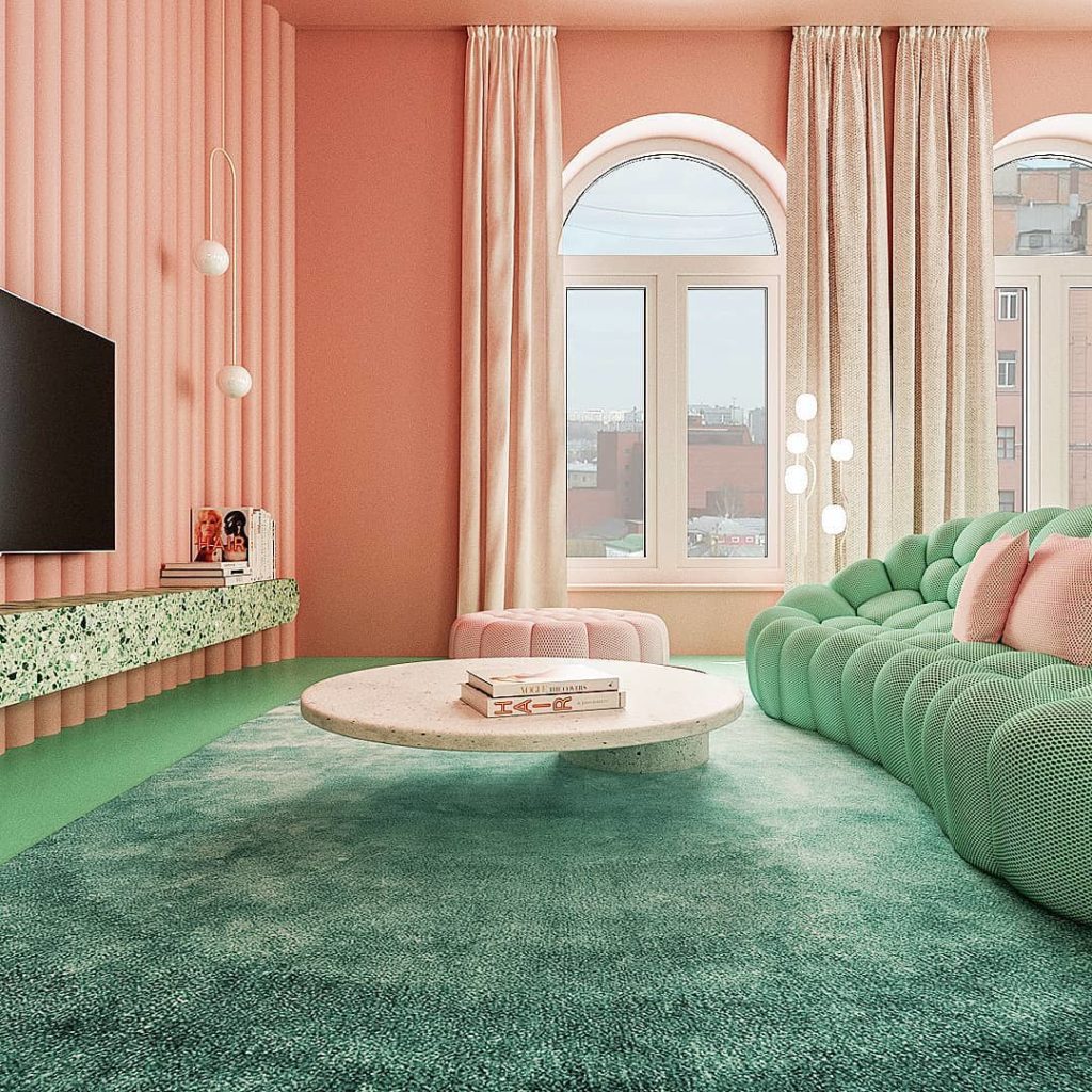 déco verte et rose canapé original design table basse ronde marbre tapis turquoise télévision mur rondin - blog déco - clem around the corner