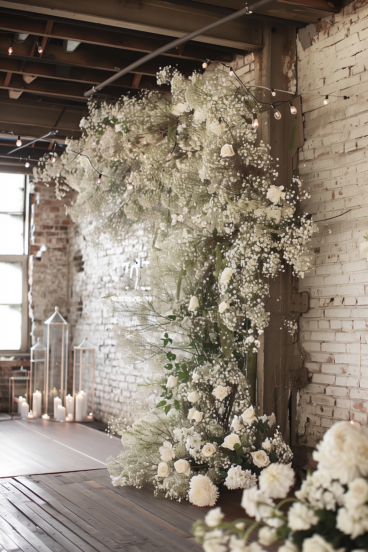 arche fleurs blanches vertes grange loft décoration fête printemps