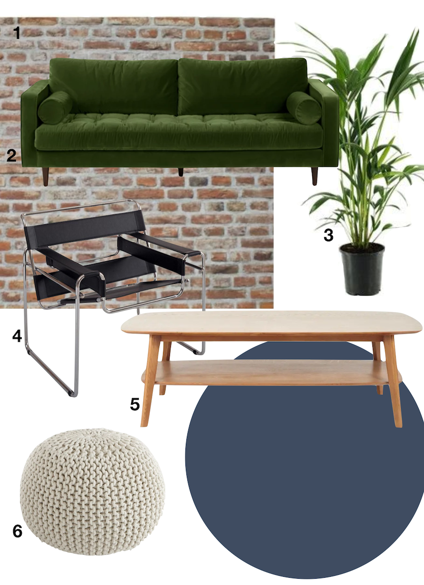 shopping liste canapé velours vert table basse bois rétro pouf tricot fauteuil cuir noir plante verte - blog déco - clemaroundthecorner