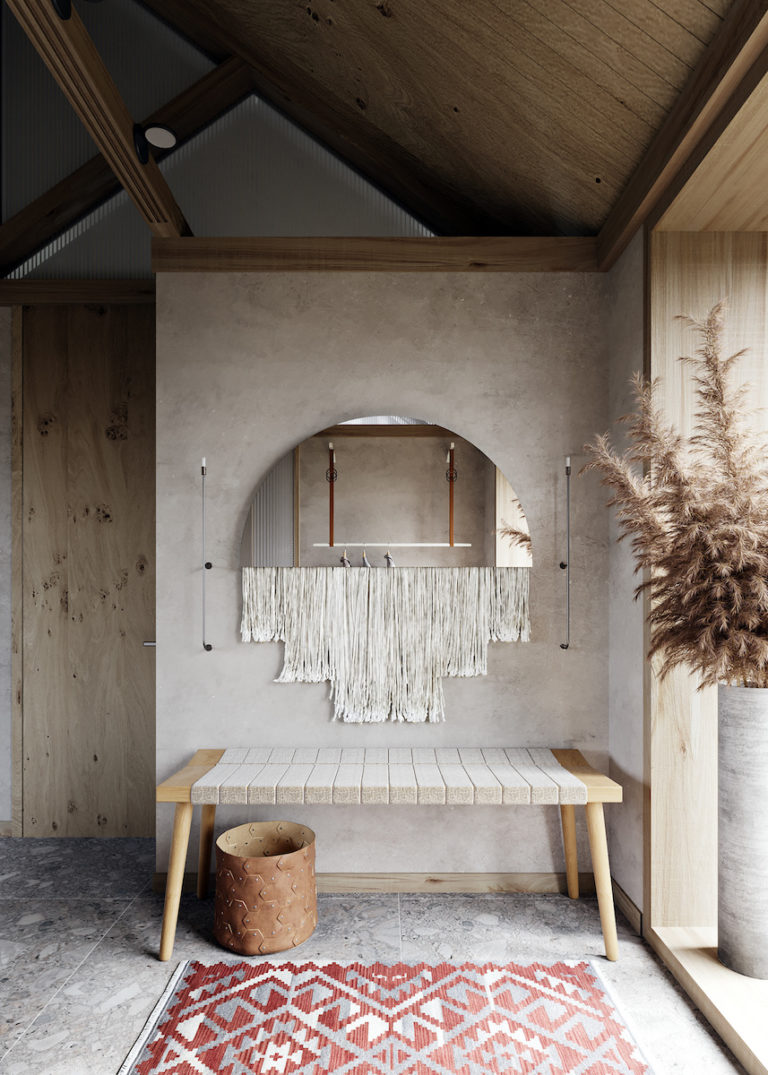 visite déco maison ambiance zen hall entrée miroir bohème tapis motif tribal - blog déco - clematc