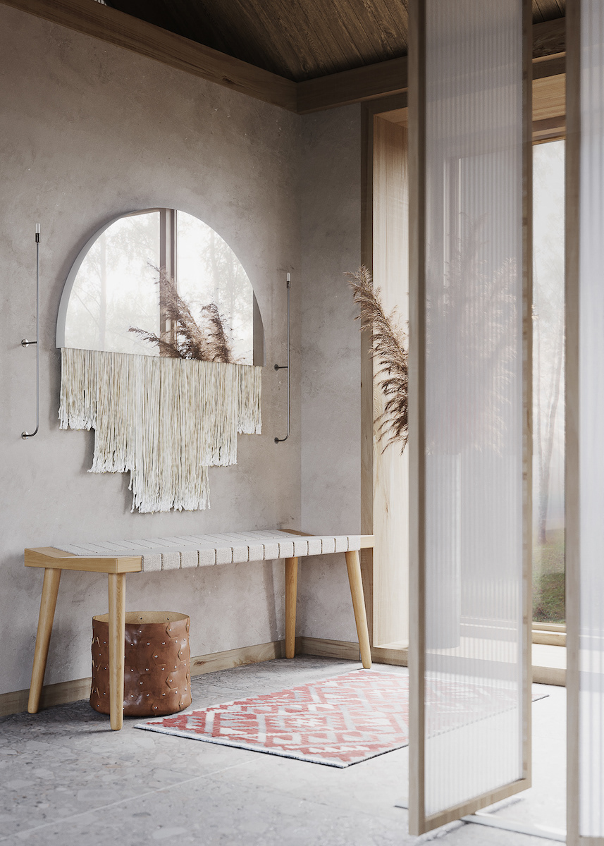hall d entrée maison zen miroir banc en bois - blog décoration - clematc