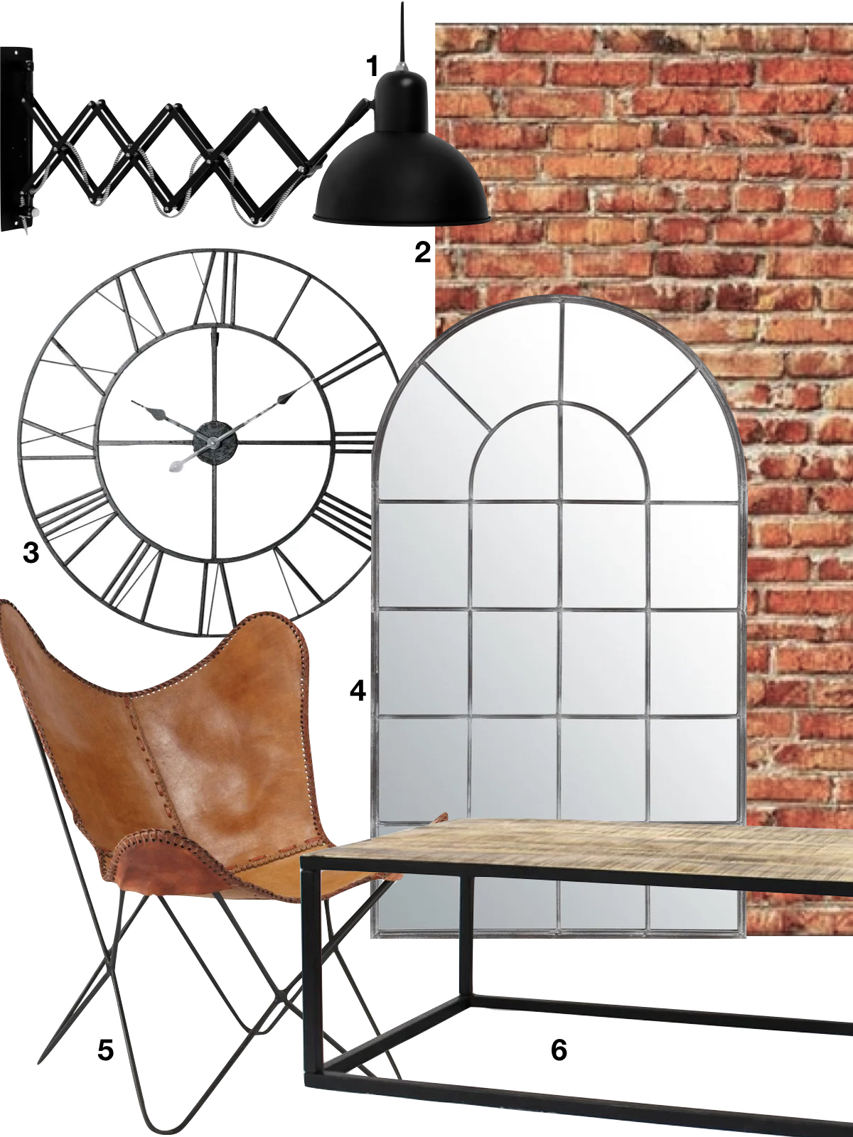 shopping liste tendance industrielle miroir horloge papier peint table basse fauteuil cuir - blog déco - clematc