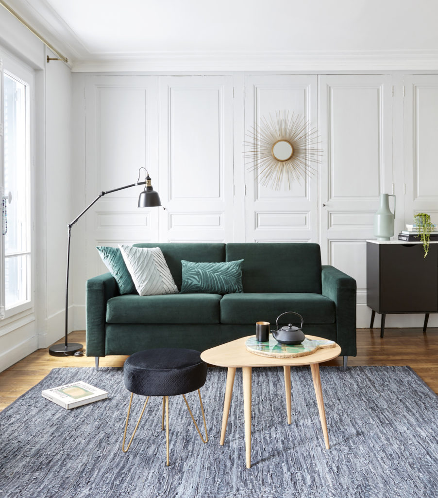 style décoration gasby chic velours canapé vert foncé nouvelle collection but