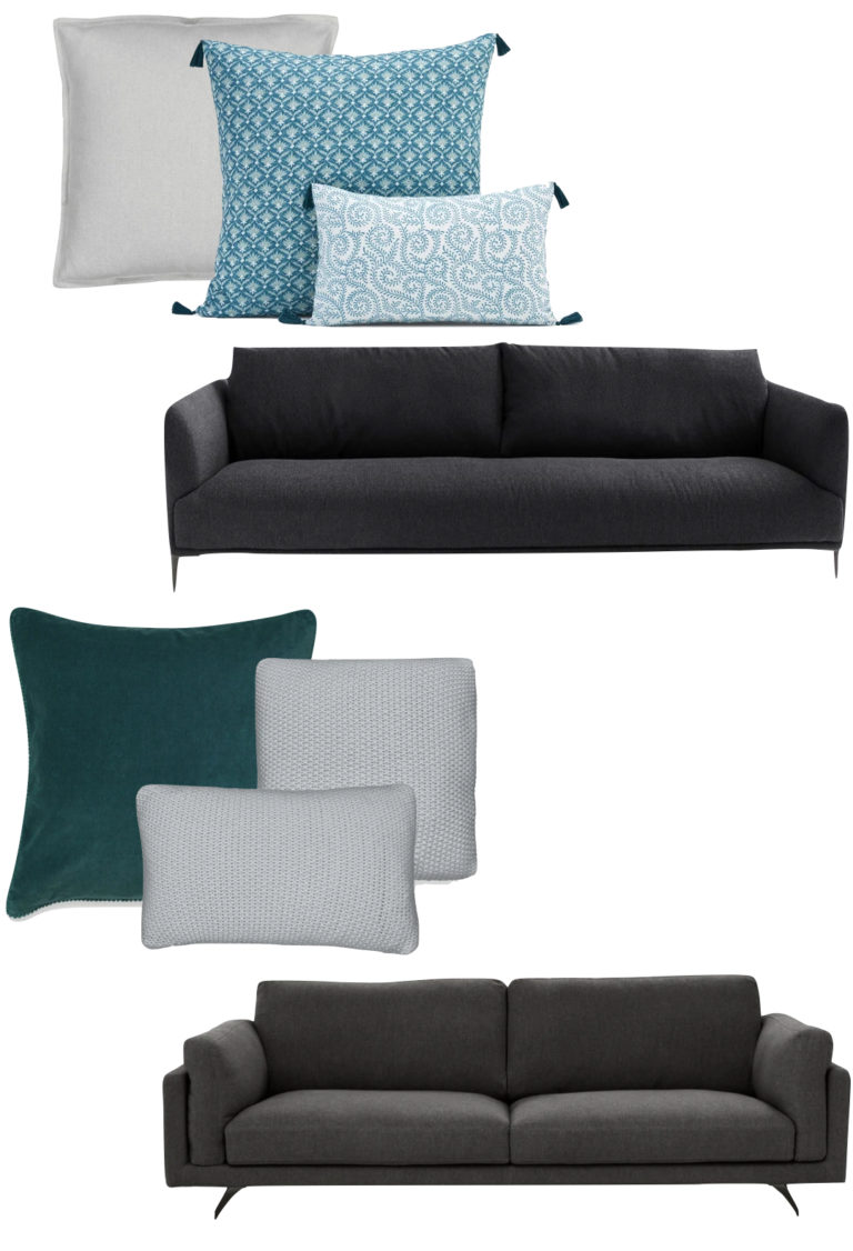comment choisir ses coussins d'intérieur canapé gris assortiment bleu vert canard