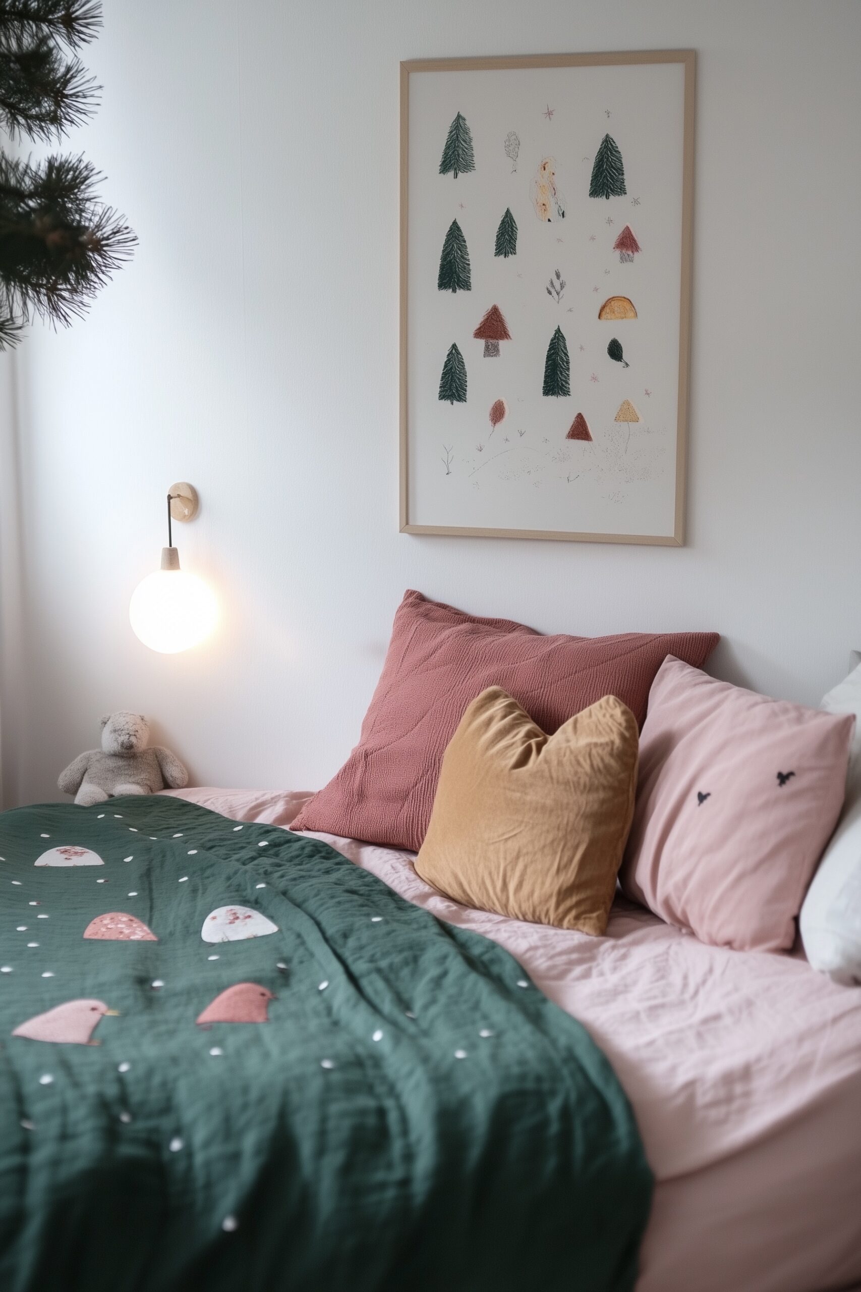 chambre enfant couleurs sourdes assortiment vert rose jaune moutarde