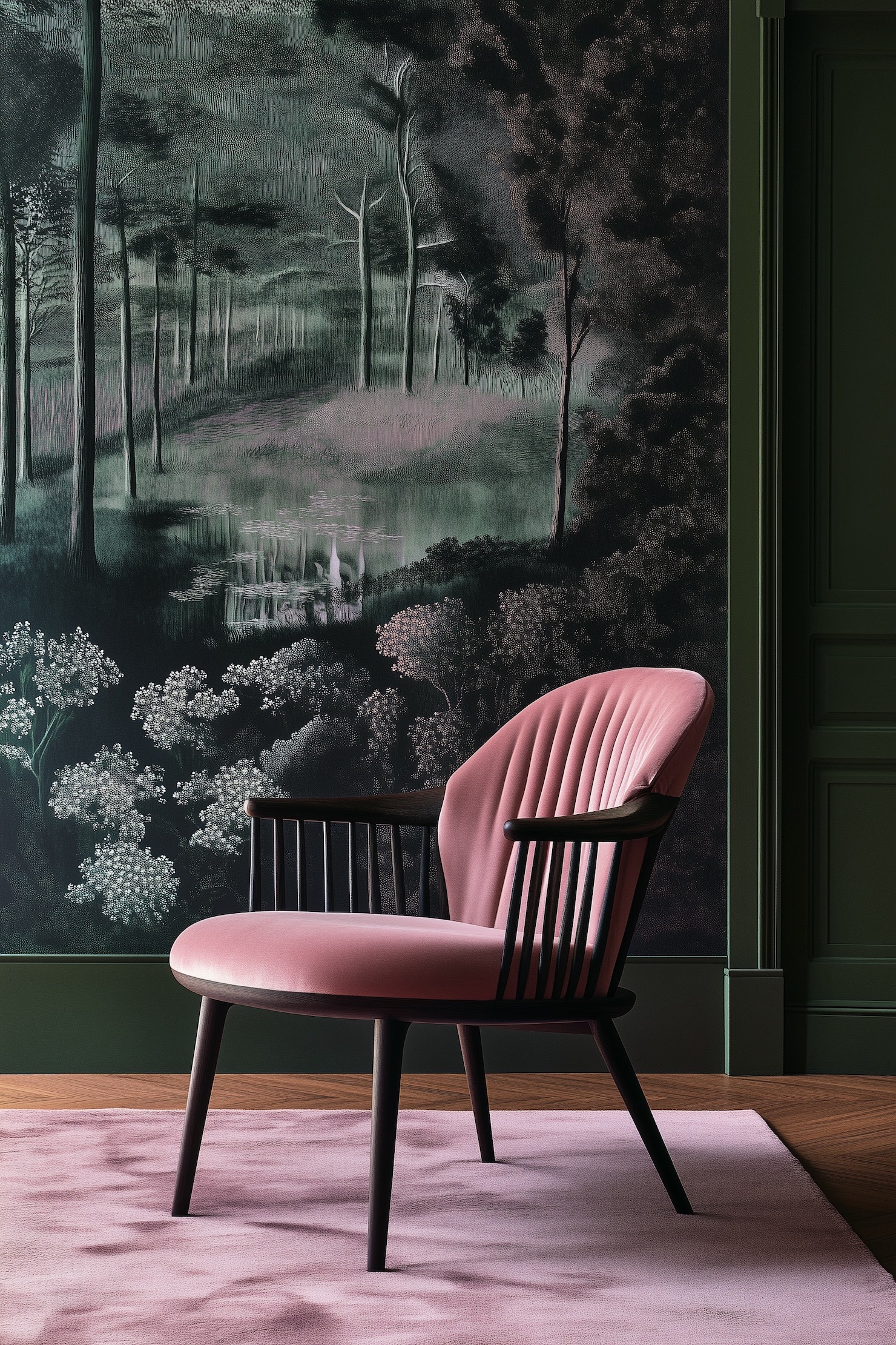 papier peint arbre vert rose forêt chaise velours
