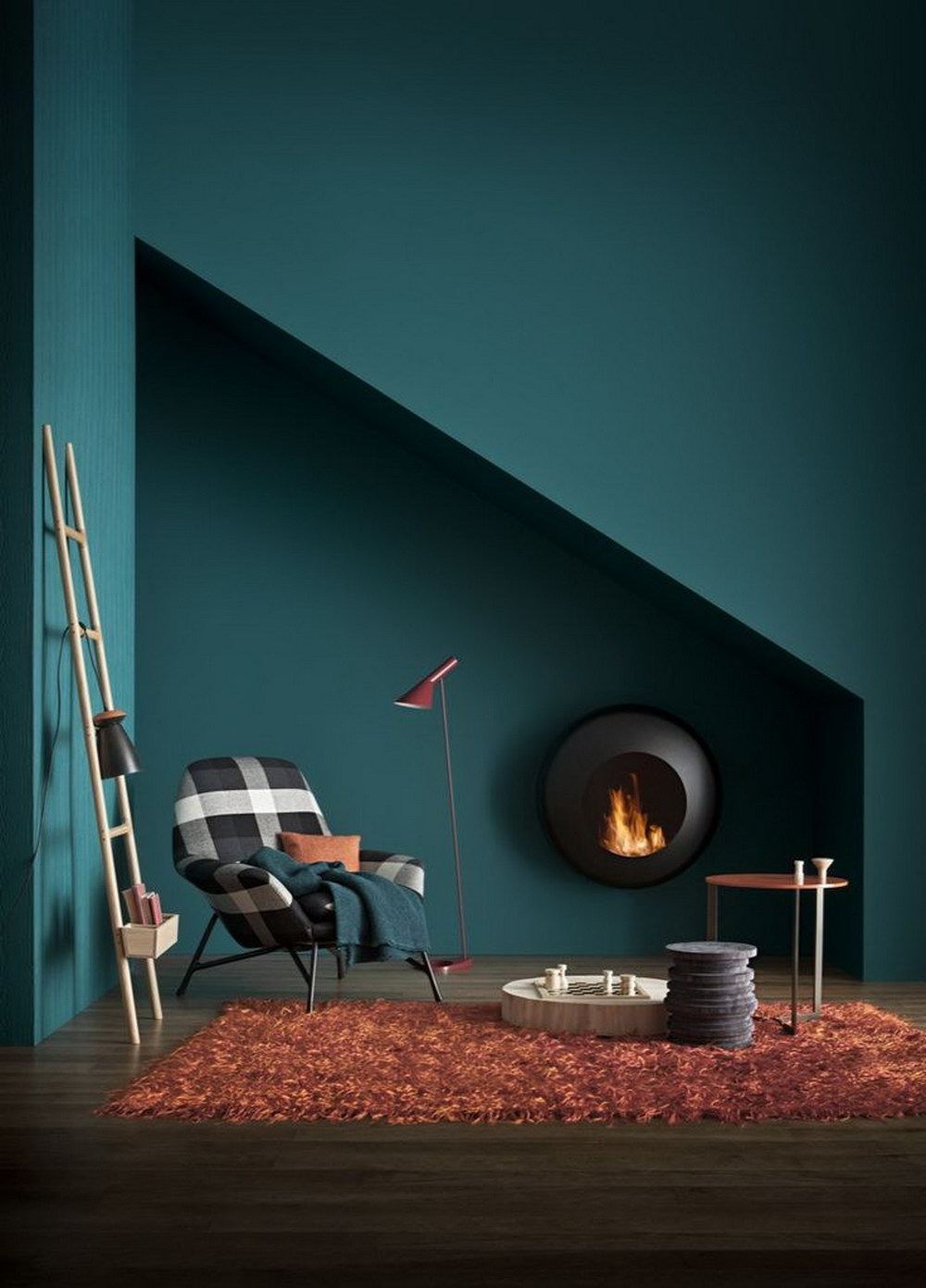 chambre salon déco moderne tendance bleu tapis cuivré poêle