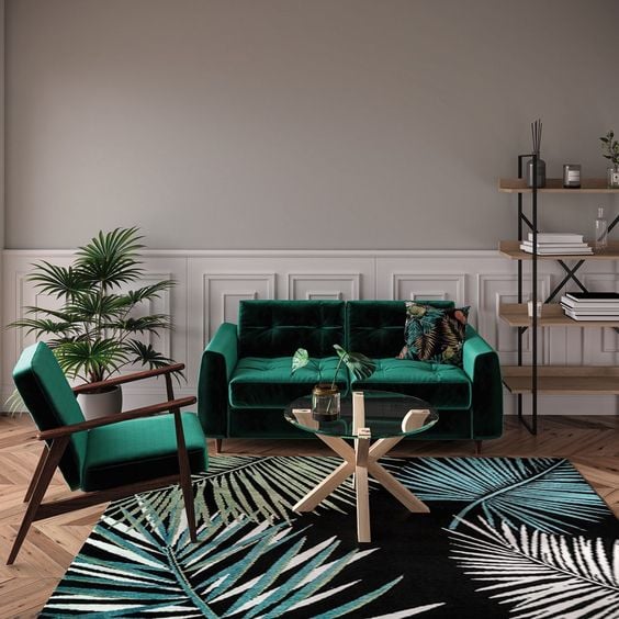 salon jungle canapé velours vert sapin foncé fauteuil bois - blog décoration clemaroundthecorner