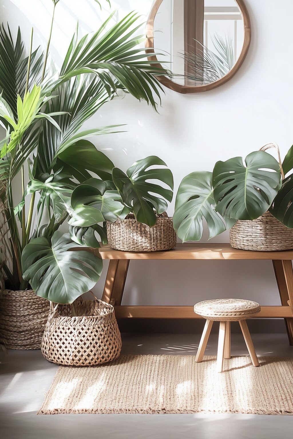 petite entrée urban jungle plein de plantes monstera palmier décoration