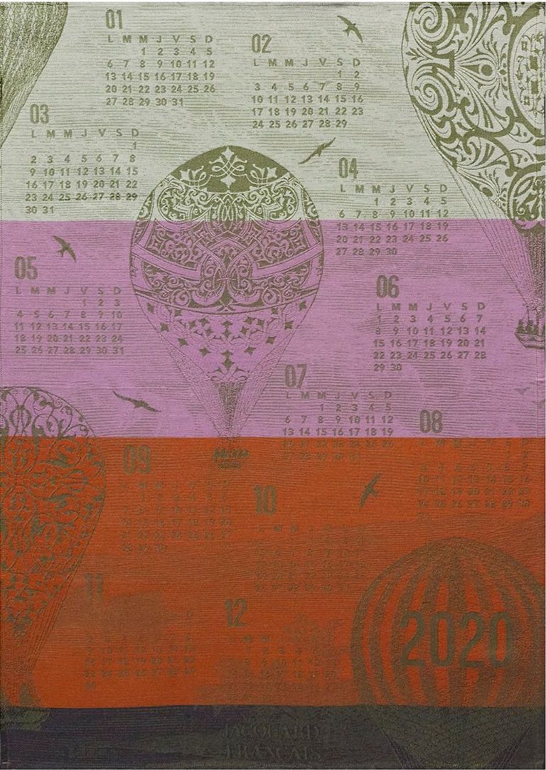 Torchon Calendrier 2020 effet Montgolfière violet pourpre rouge orange