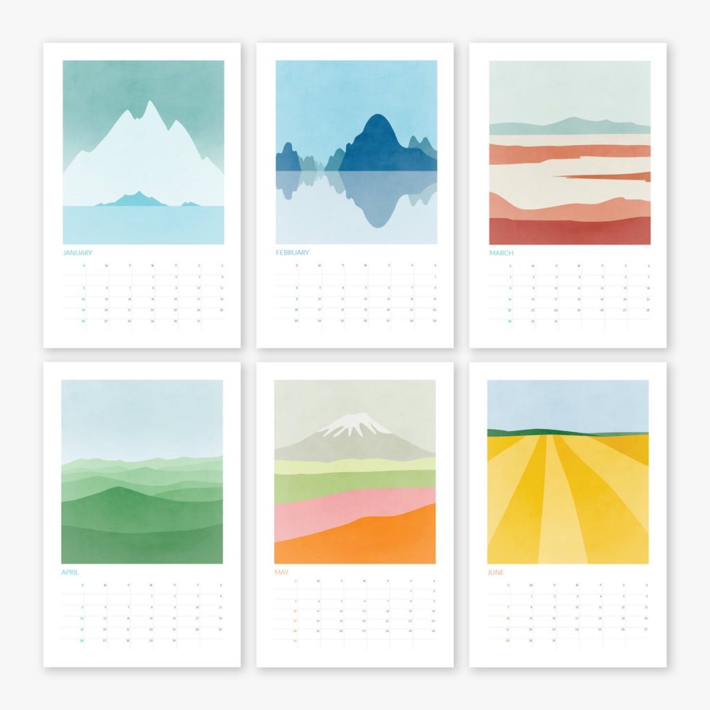 calendrier illustration abstraite montagne colline nuance pastel clemencearoundthecorner