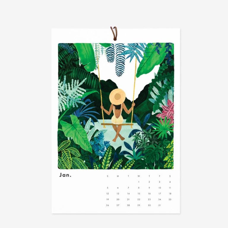 calendrier dessin exotique plante verte fleurs balançoire