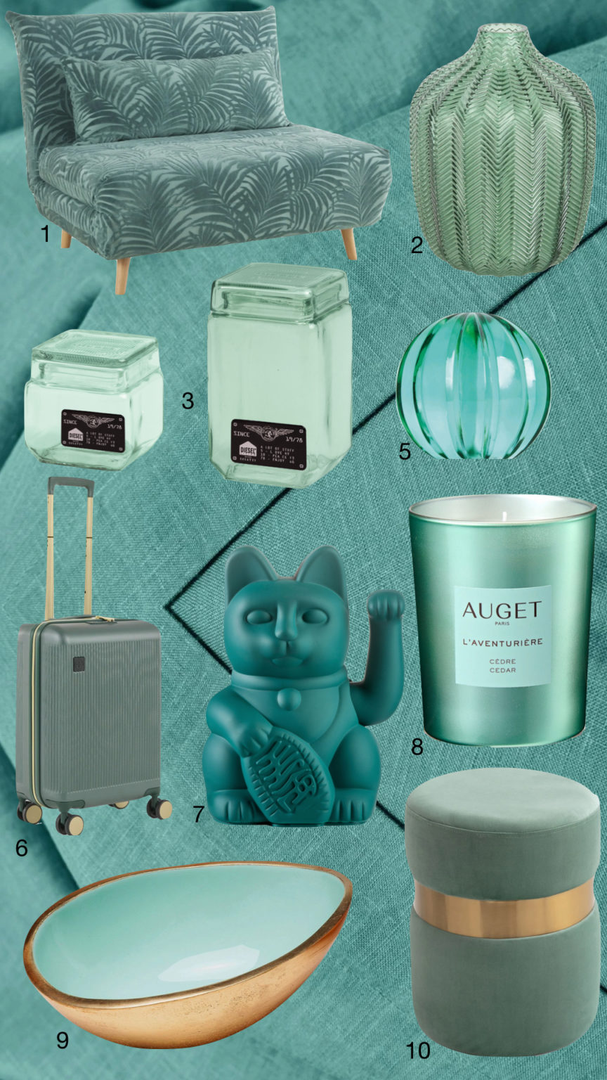 idée cadeau vert céladon fauteuil convertible lit valise bougie parisienne vase vert eau pastel