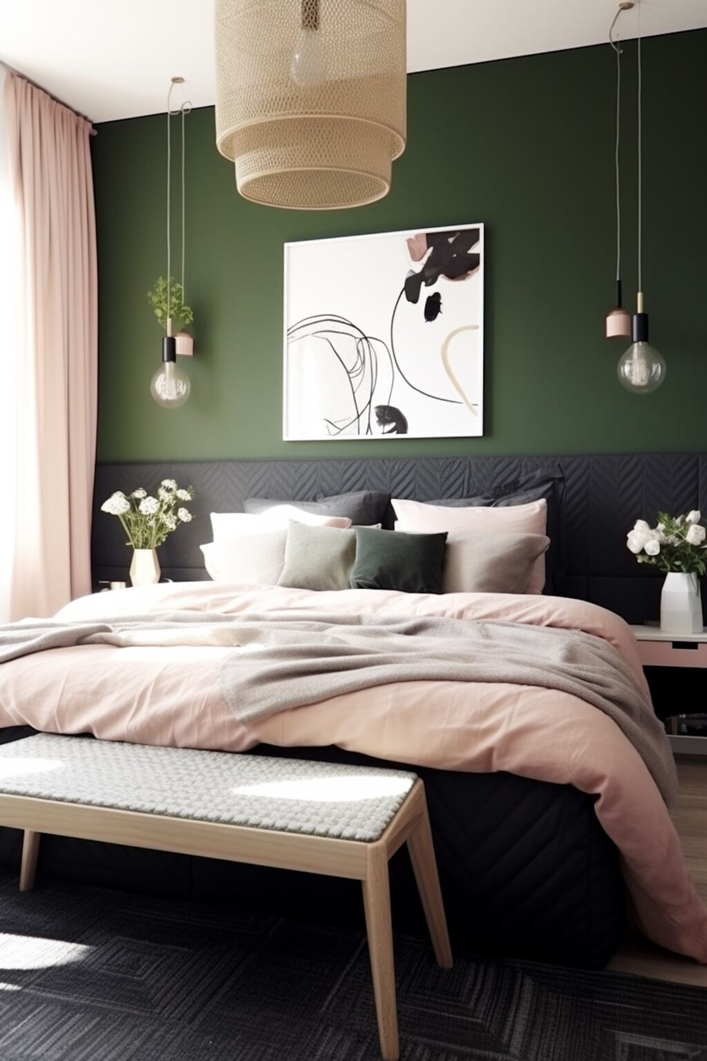 chambre mur vert forêt déco grise foncé rose