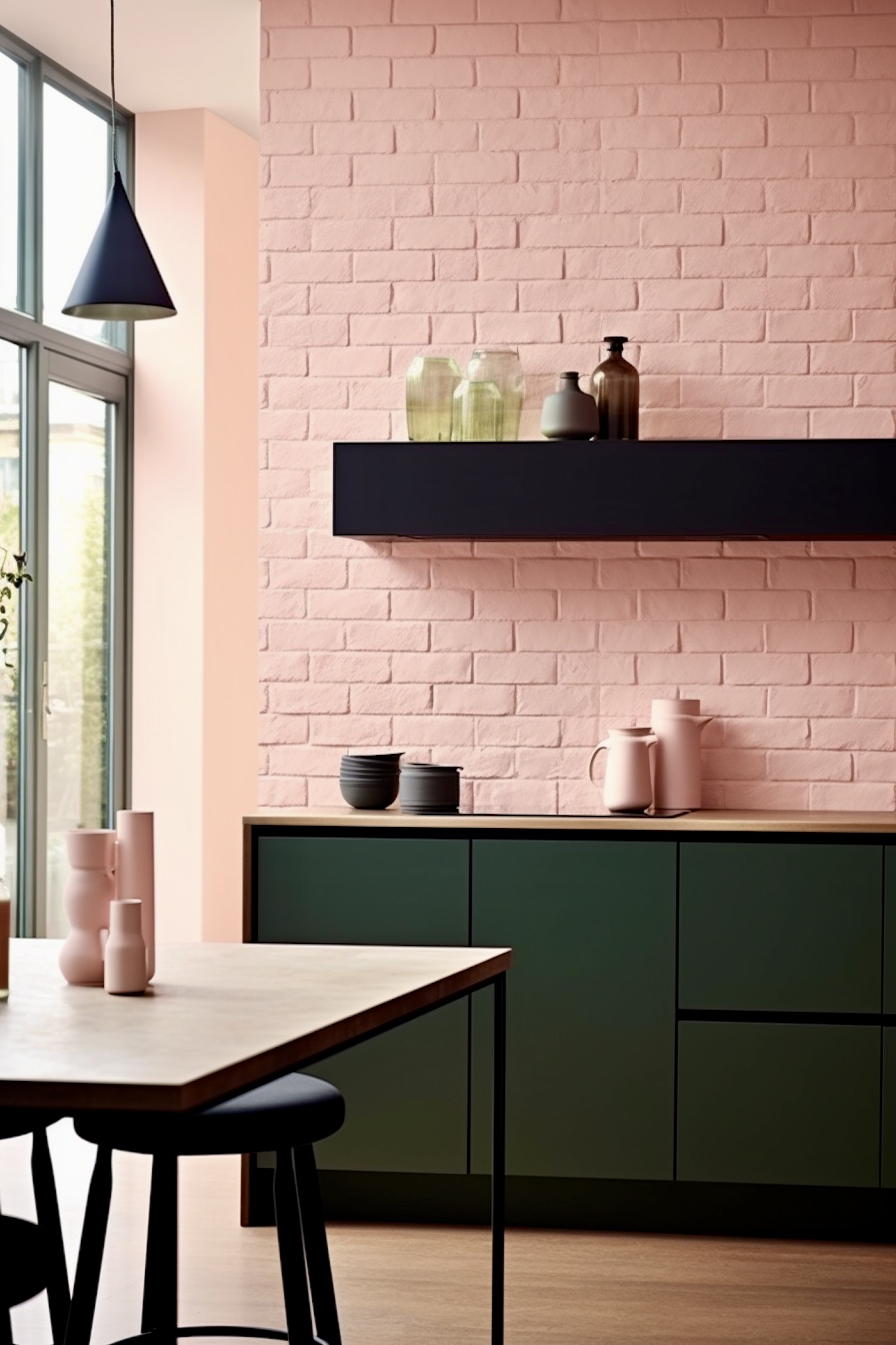 cuisine briques rose blush meuble noir vert foncée