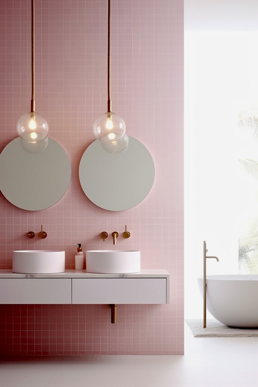 salle de bain rose blanche laiton cuivre