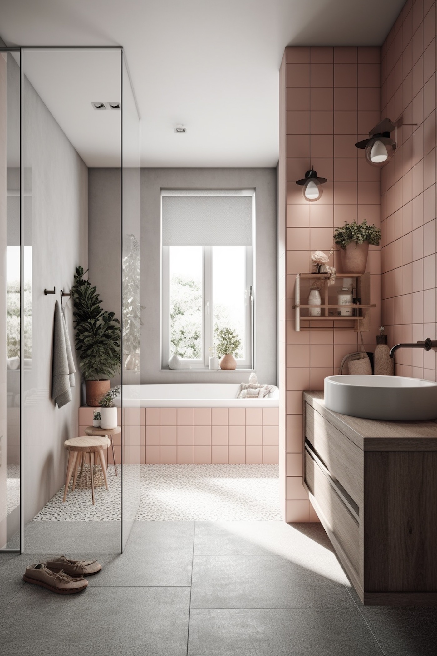 salle de bains rose pastel gris terrazzo