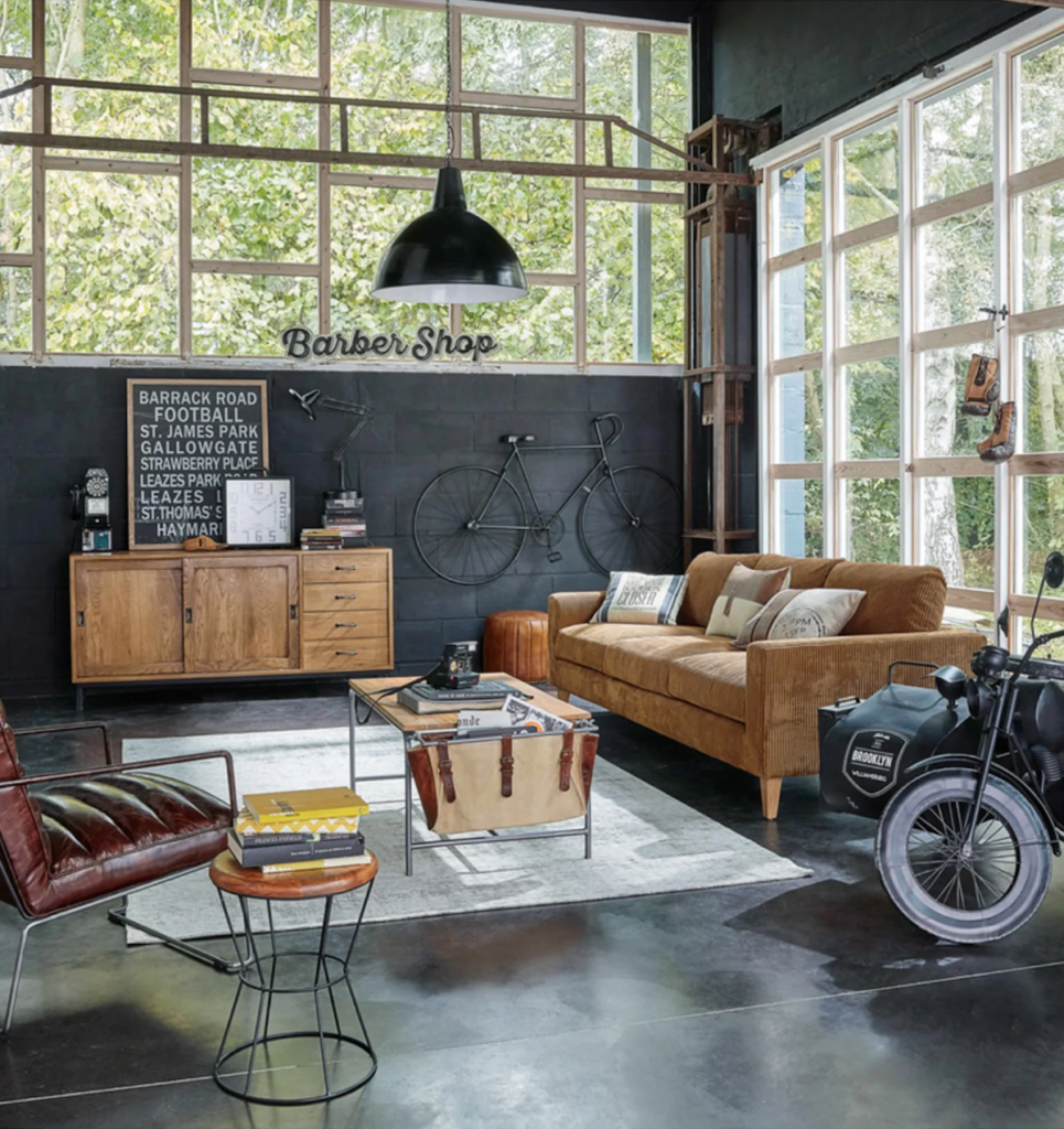 salon industriel tendance fauteuil cuir bicyclette verrière - blog déco - clematc
