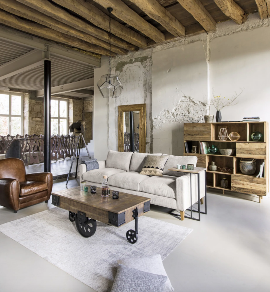 salon style industriel fauteuil cuir meuble bois table basse - blog déco - clematc