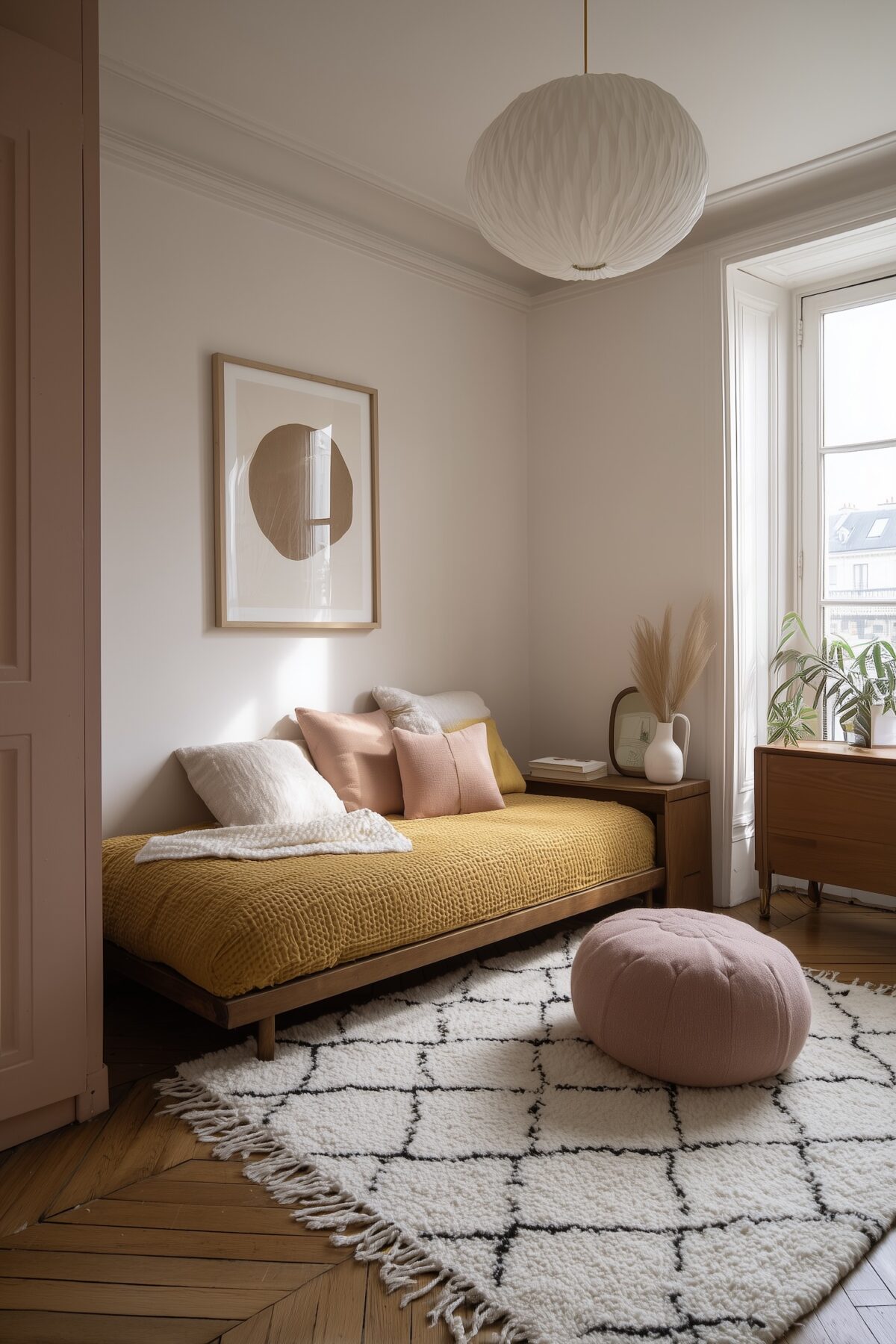 chambre d'amis jaune rose pastel accueillante