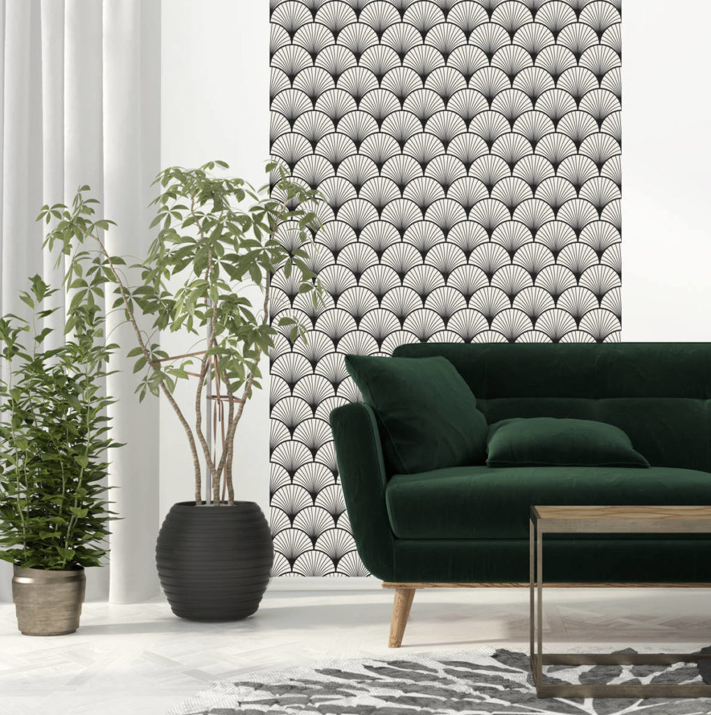 salon élégant plante verte canapé velours esprit zen art déco