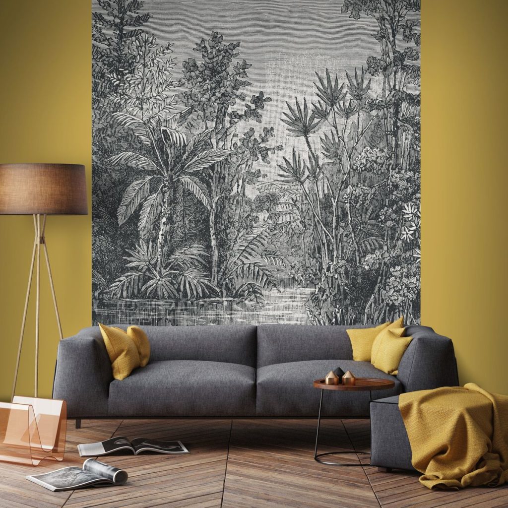 salon vintage papier peint repositionnable gris urban jungle jaune moutarde parquet en bois lamé
