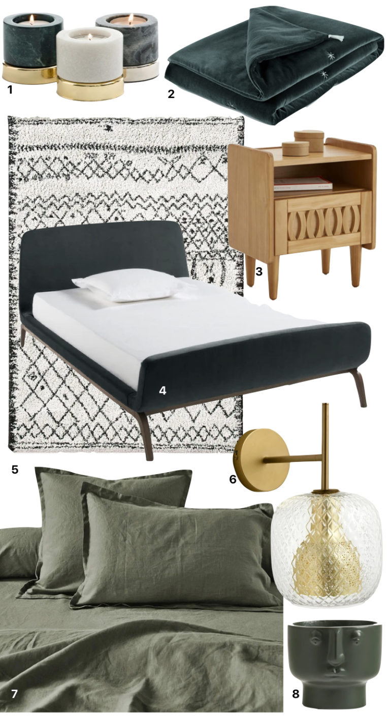 chambre parentale adulte déco vert olive velours lin drap édredon laiton bois