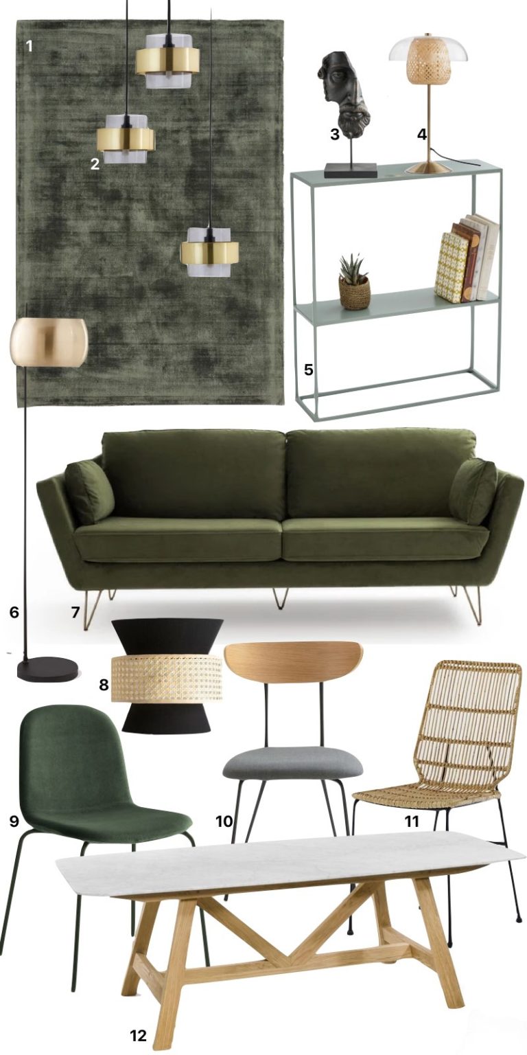 idée déco vert olive salon velours lampe laiton chaise dépareillée bois rotin