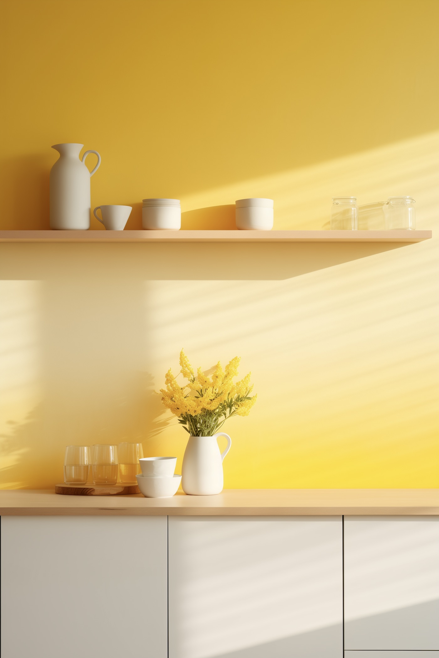 idée déco cuisine minimaliste jaune blanche bois
