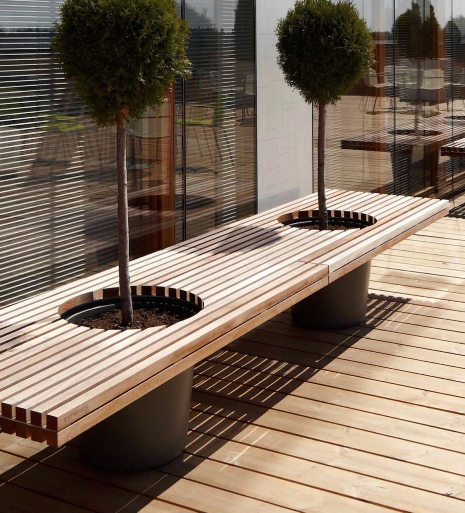 banc avec pot fleur intégré arbuste romeo juliette meuble végétal terrasse bois latte