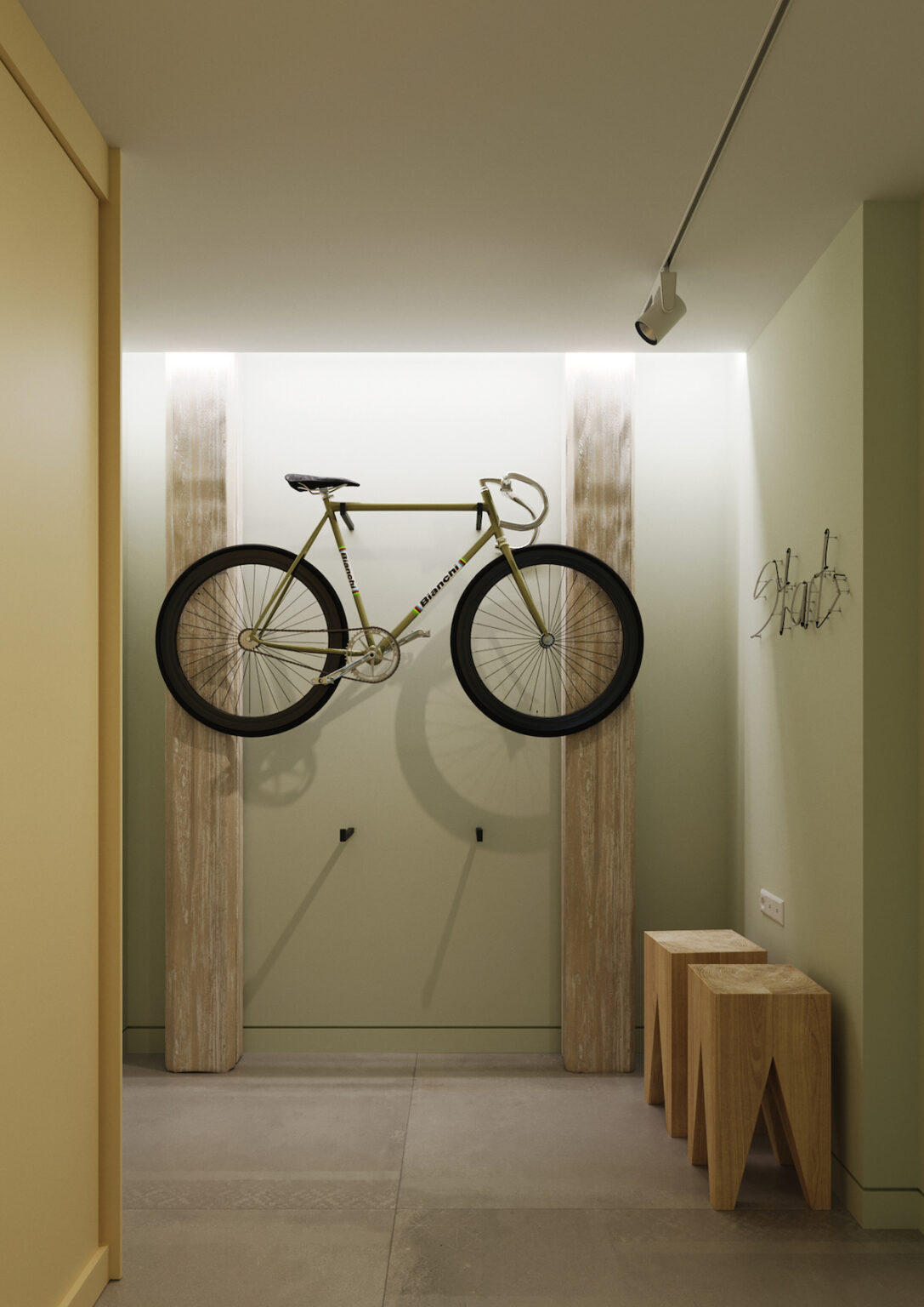 entrée mur vert eau pastel accroche vélo mural