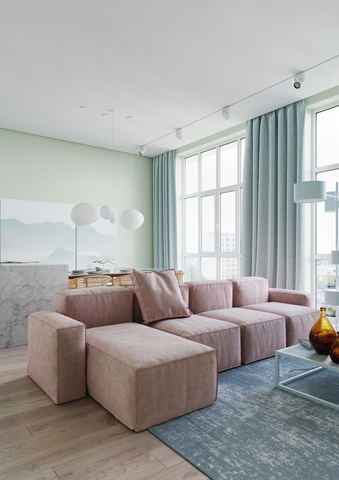 intérieur couleurs pastel salon rose bleu vert canapé modulable - blog déco - clemaroundthecorner