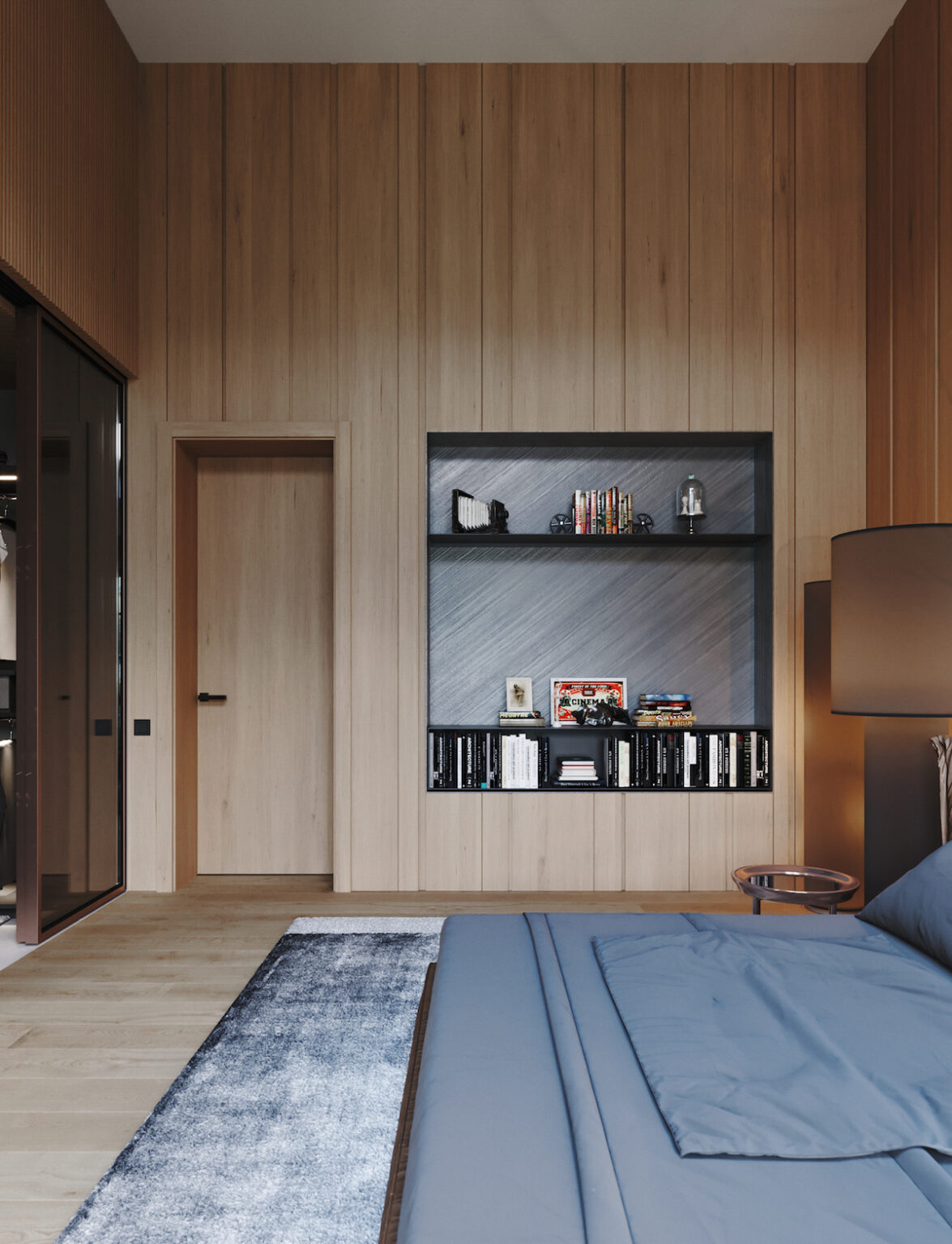 chambre bois revêtement mur bibliothèque encastrée décoration grise