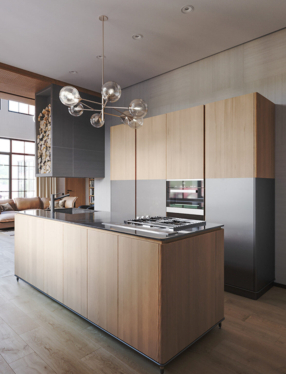 cuisine moderne chalet épuré grise mat bois chêne naturel massif