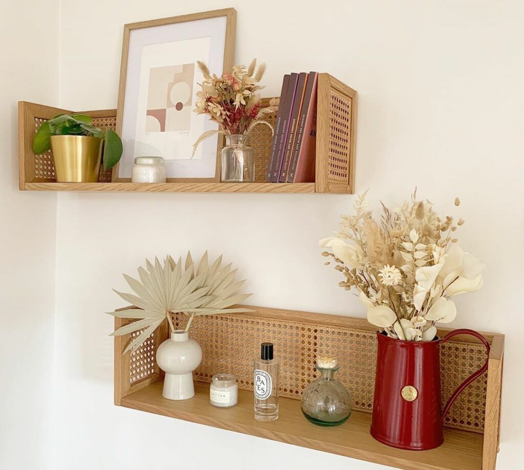 étagère murale cannage bois HomebyAuriane bouquet fleur séchée beige monnaie du pape