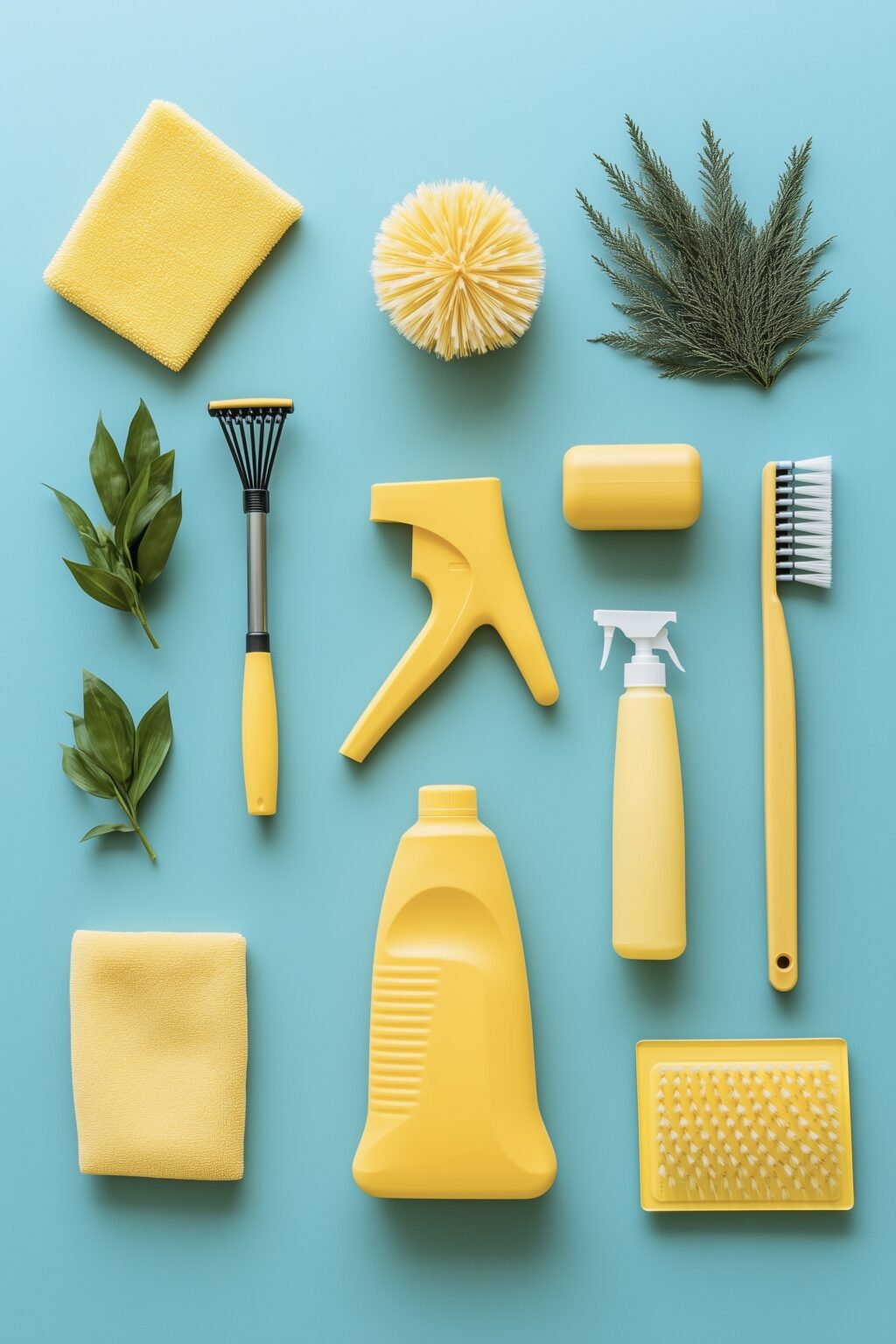 flat lay set design brosse produits entretien maison jaune turquoise