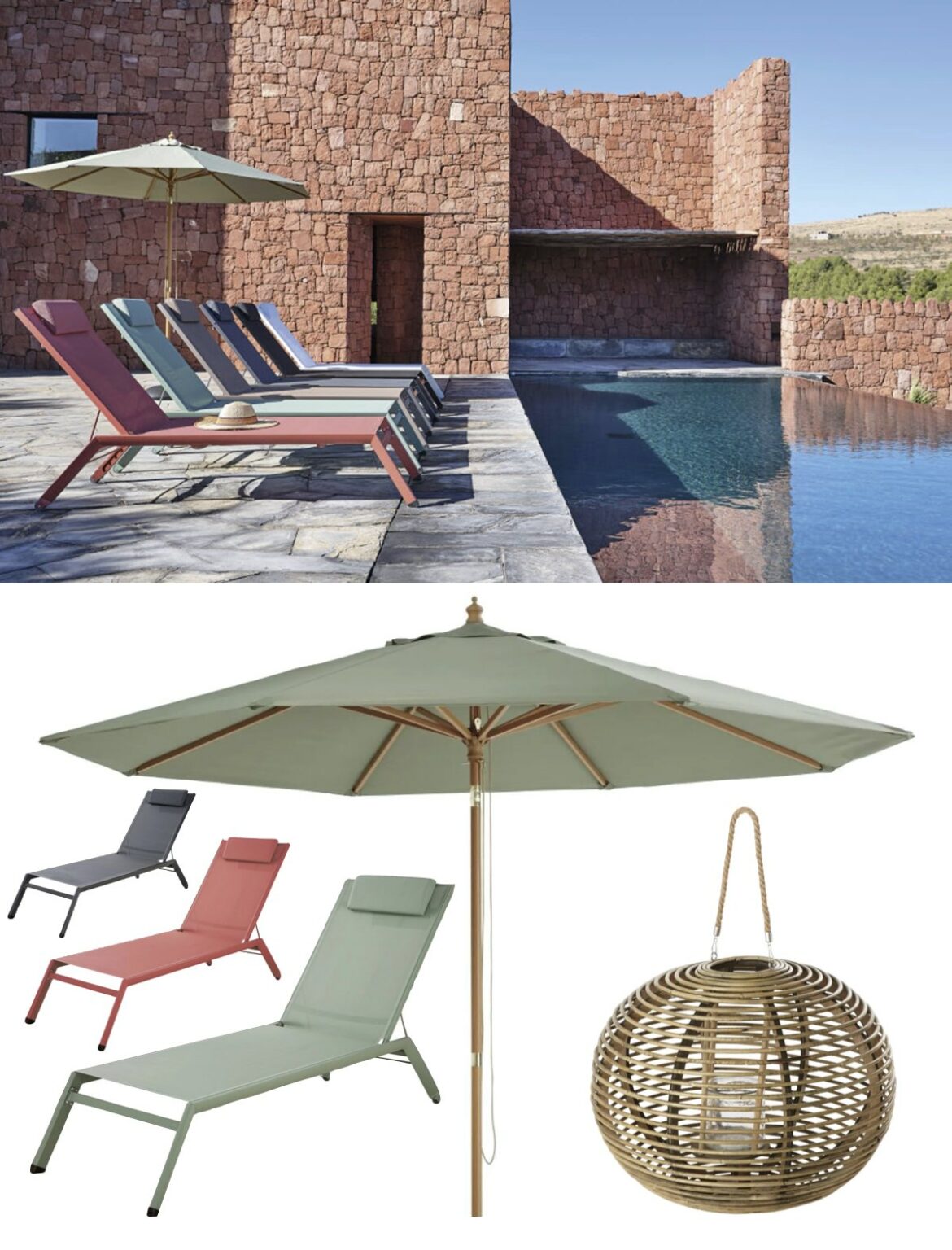 piscine villa briques transat design moderne vert eau rouge gris parasol couleur pastel