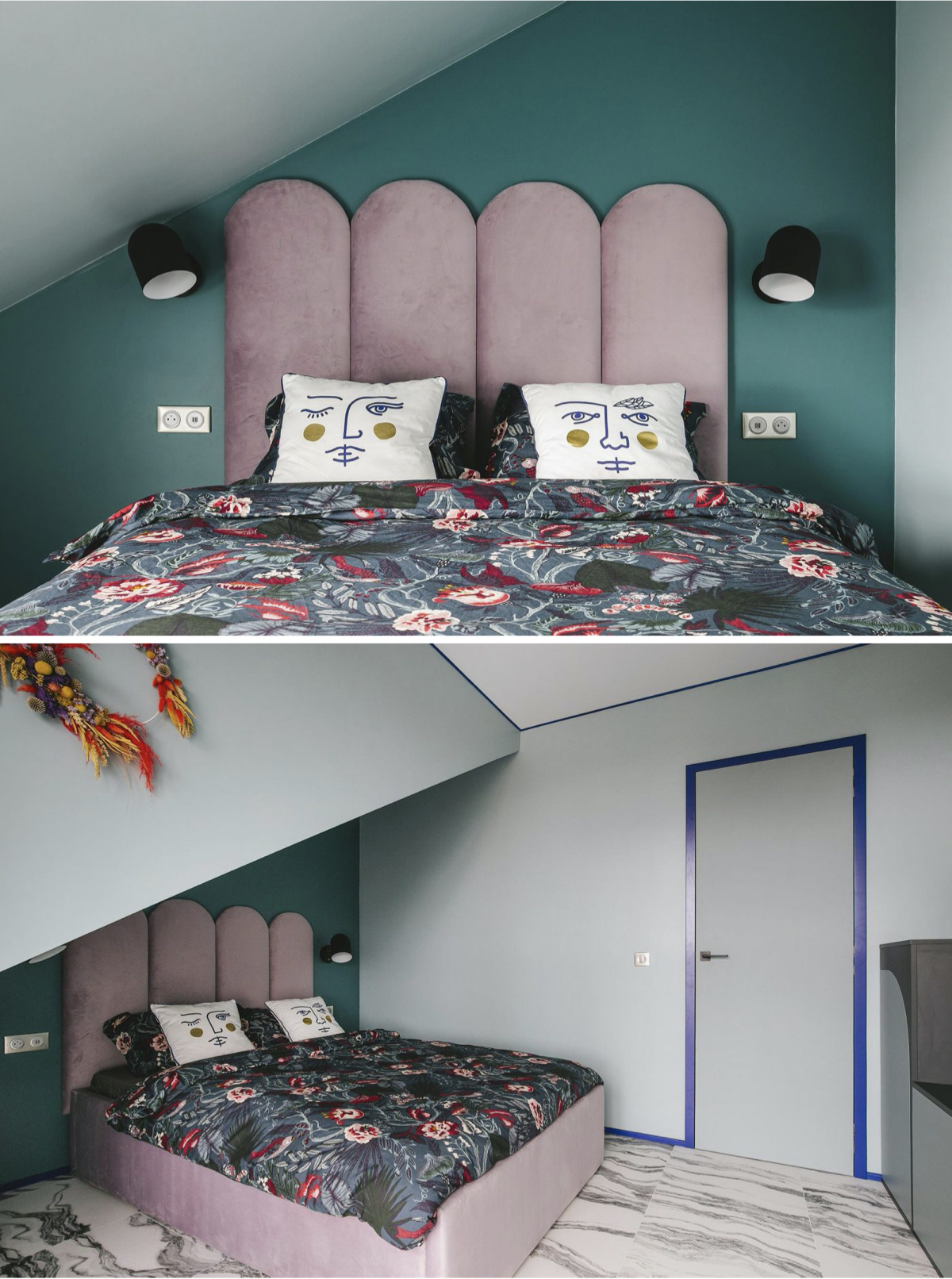 appartement témoin chambre velours rose tête de lit boudoir mur vert émeraude coussin Jonathan Adler