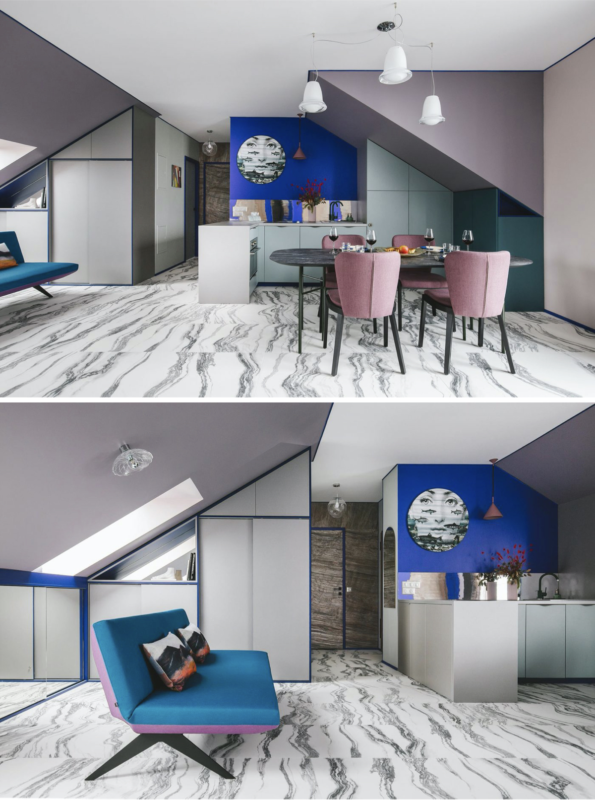 appartement témoin cuisine mur bleu klein violet salle à manger marbre