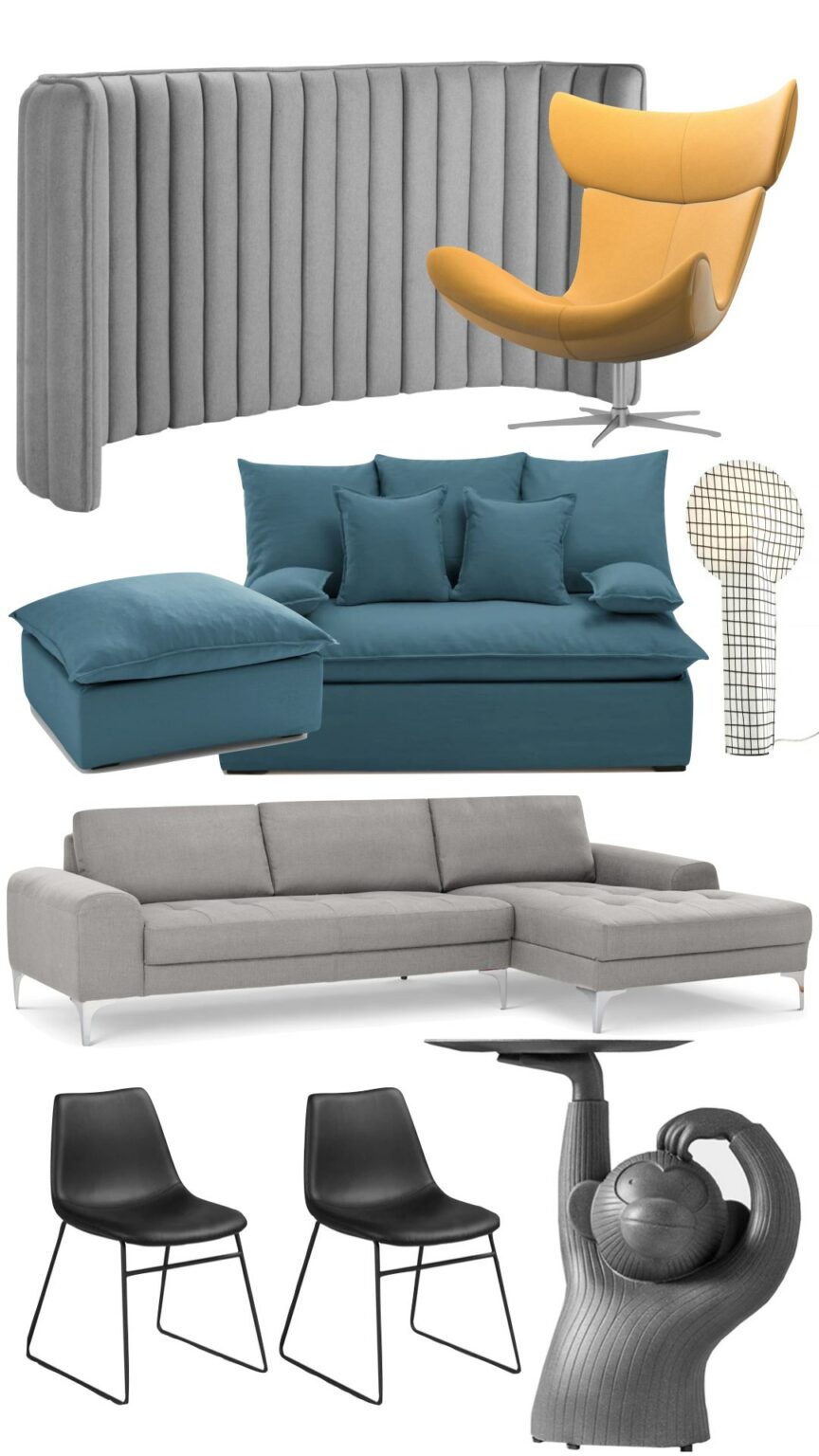 comment aménager loft style salon gris noir bleu canard jaune moutarde